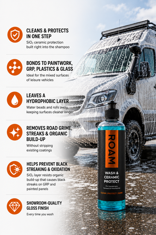 ROAM Wash & Ceramic Protect Shampoo — 500ml | SiO₂-Infused 2-in-1 Shampoo for Campervans, Caravans & Motorhomes