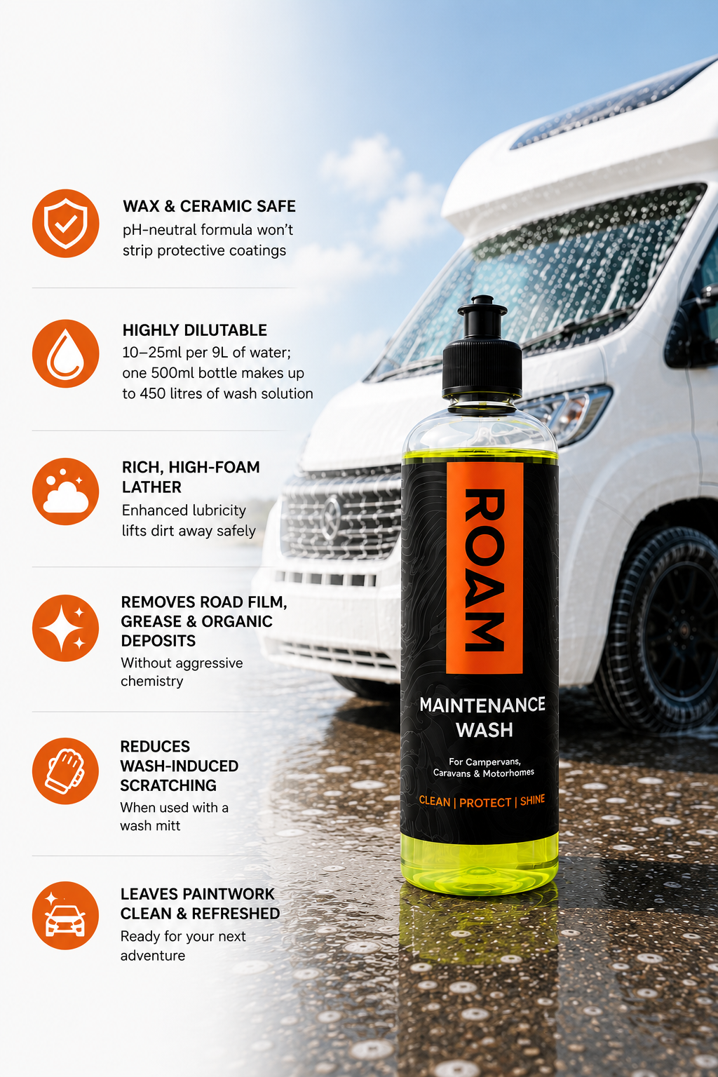 ROAM Maintenance Wash Shampoo — 500ml | pH-Neutral Campervan, Caravan & Motorhome Shampoo